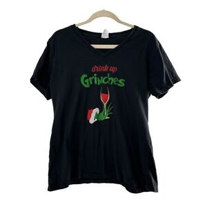 Drink Up Grinches Black V-Neck T-Shirt By Port & Company Size Large Christmas